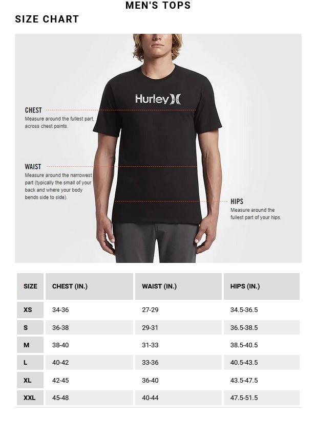 HURLEY MENS TOPS 24 Mens Size Chart